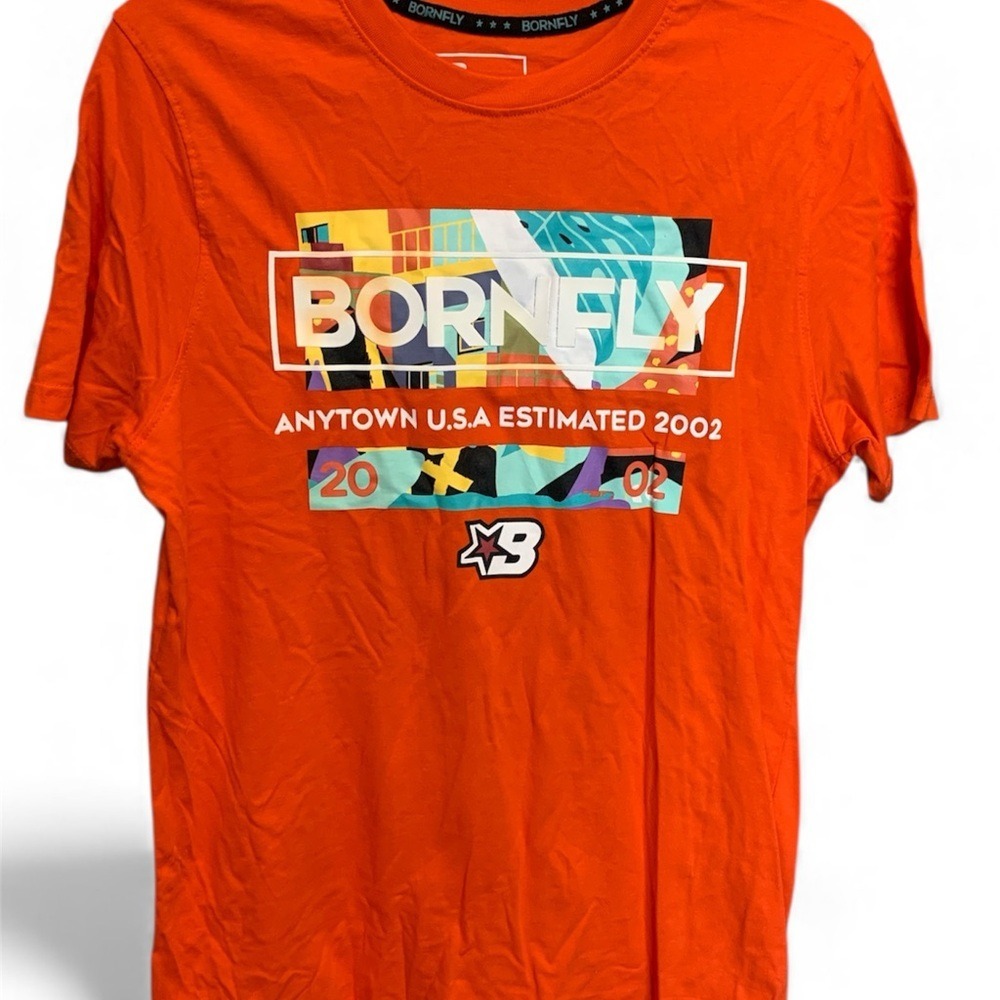 Bornfly Mens Orange Graphic T Shirt Anytown USA Estimated 2002 Small New